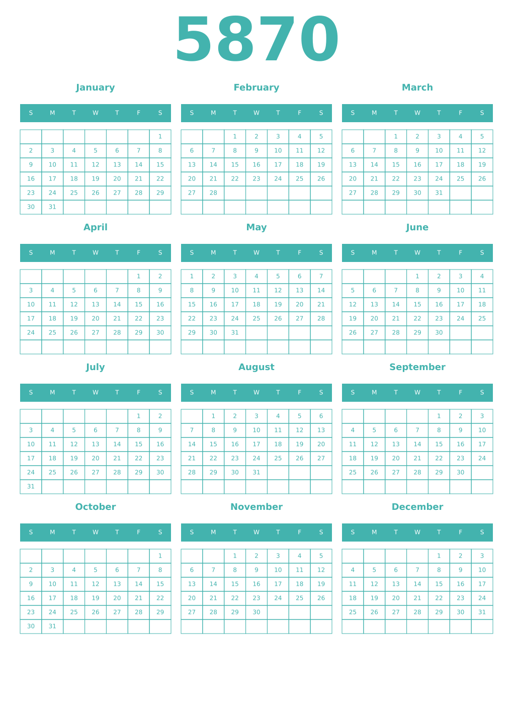Printable 5870 Year Calendars verdigris