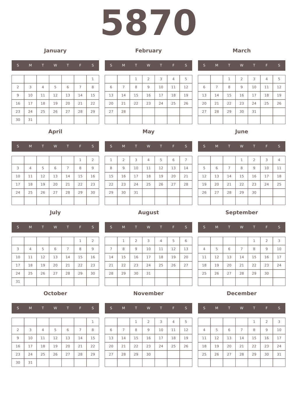 Printable 5870 Year Calendars wenge
