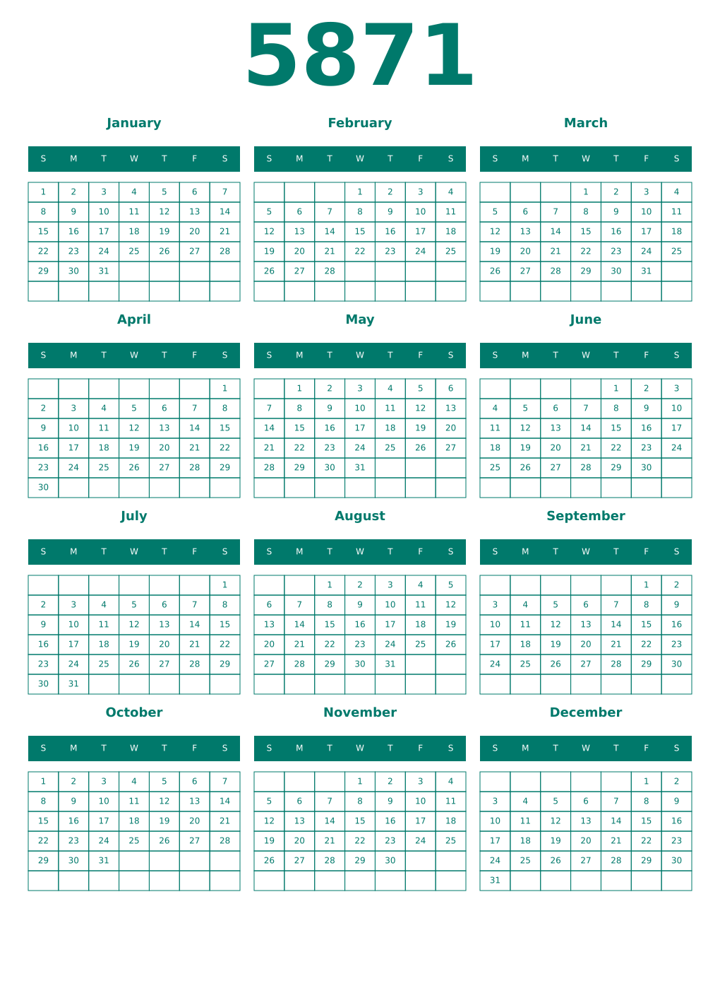 Printable 5871 Year Calendars pastel
