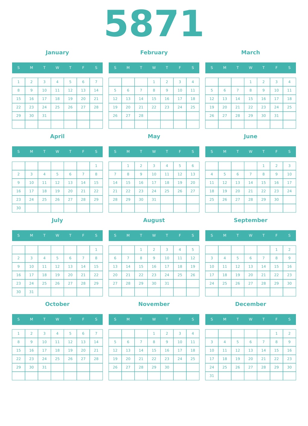 Printable 5871 Year Calendars verdigris
