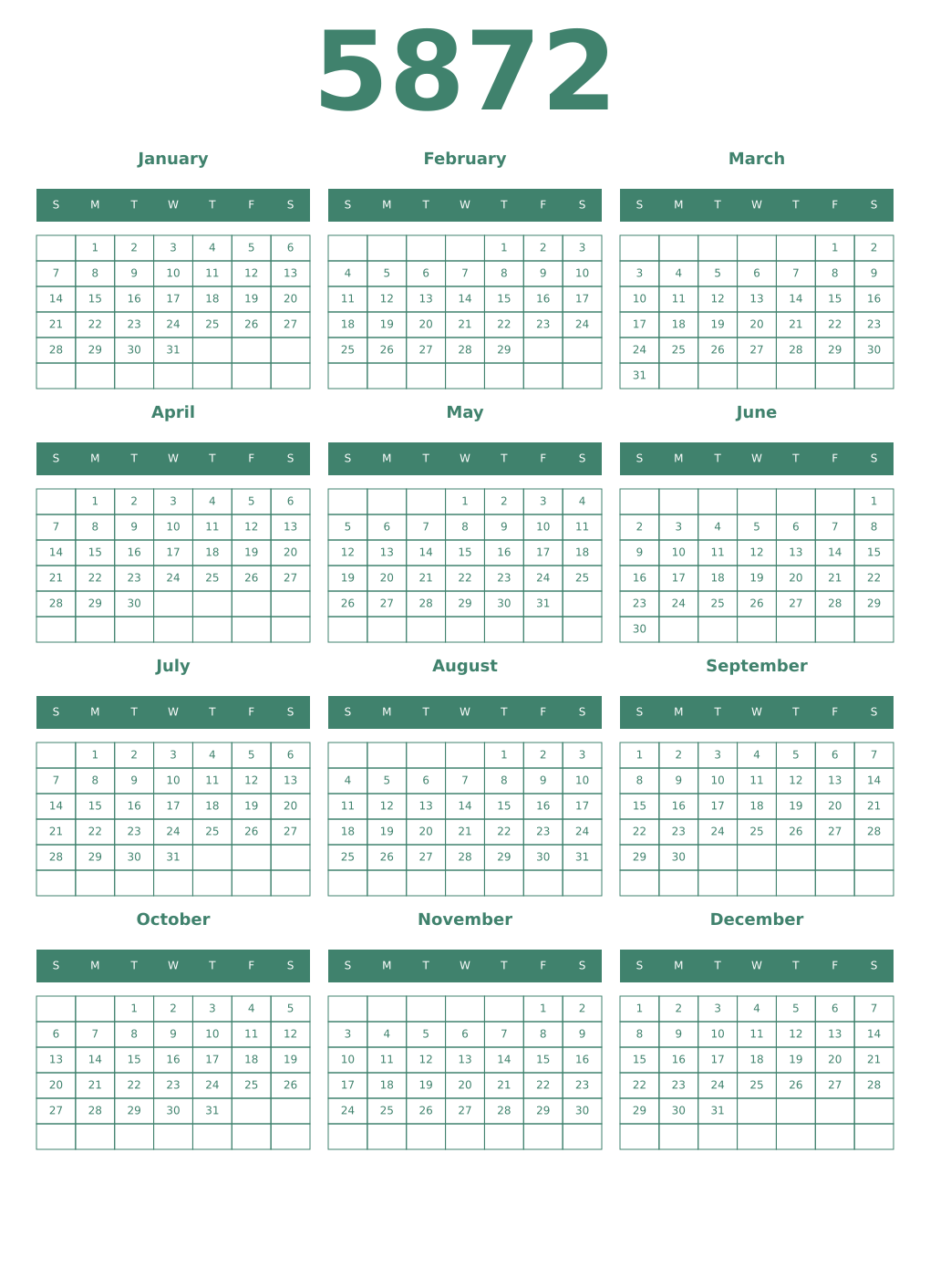 Printable 5872 Year Calendars viridian