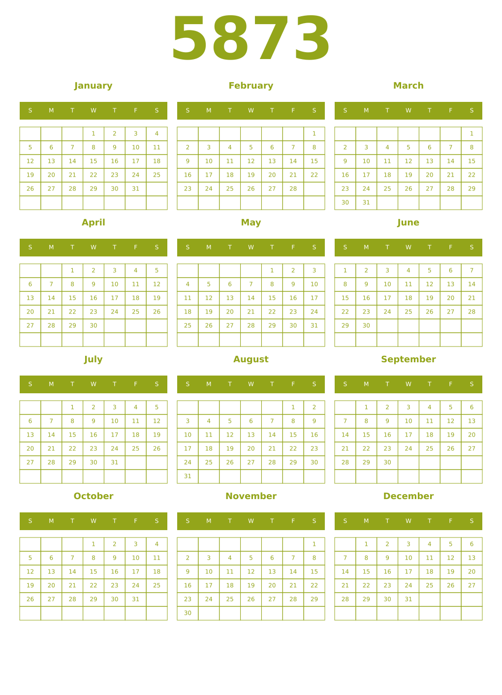 Printable 5873 Year Calendars chartreuse