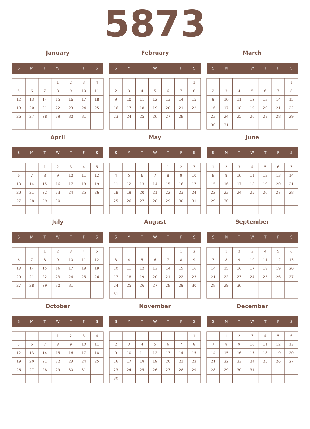 Printable 5873 Year Calendars coffe
