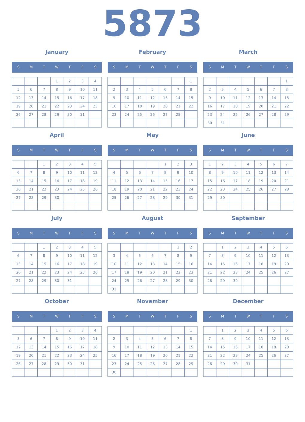 Printable 5873 Year Calendars glaucous