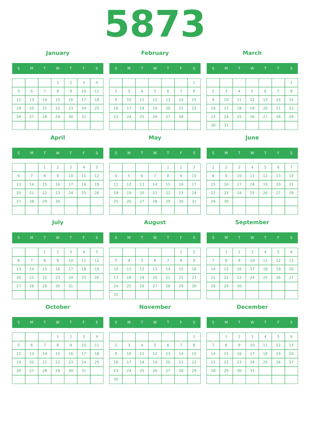 Printable 5873 Year Calendars green