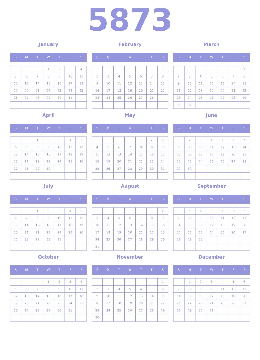 Printable 5873 Year Calendars periwinkle
