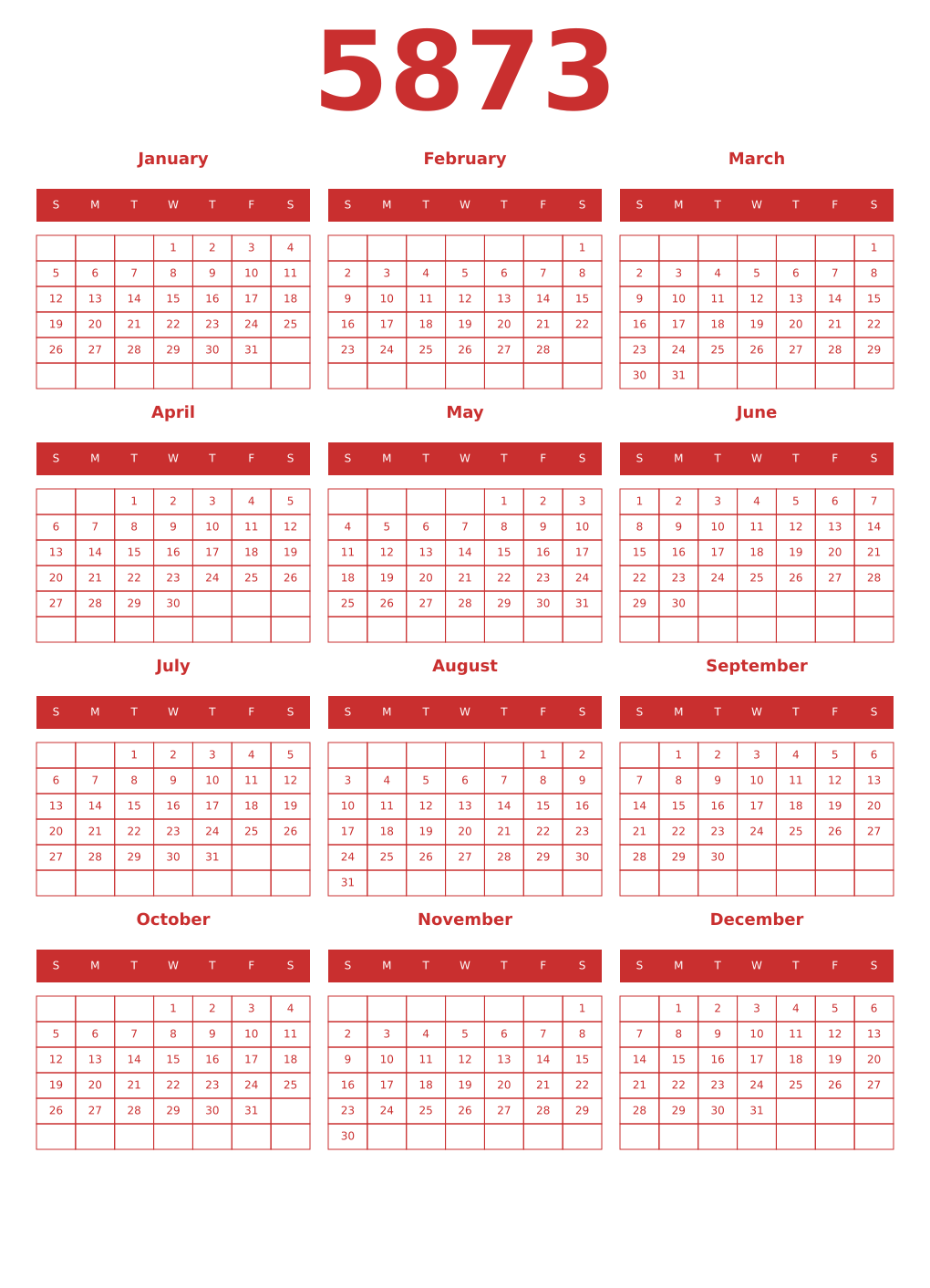 Printable 5873 Year Calendars red
