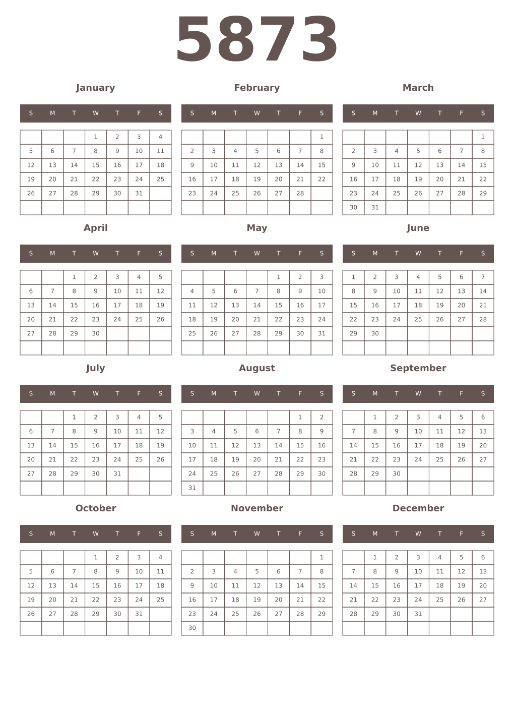 Printable 5873 Year Calendars wenge