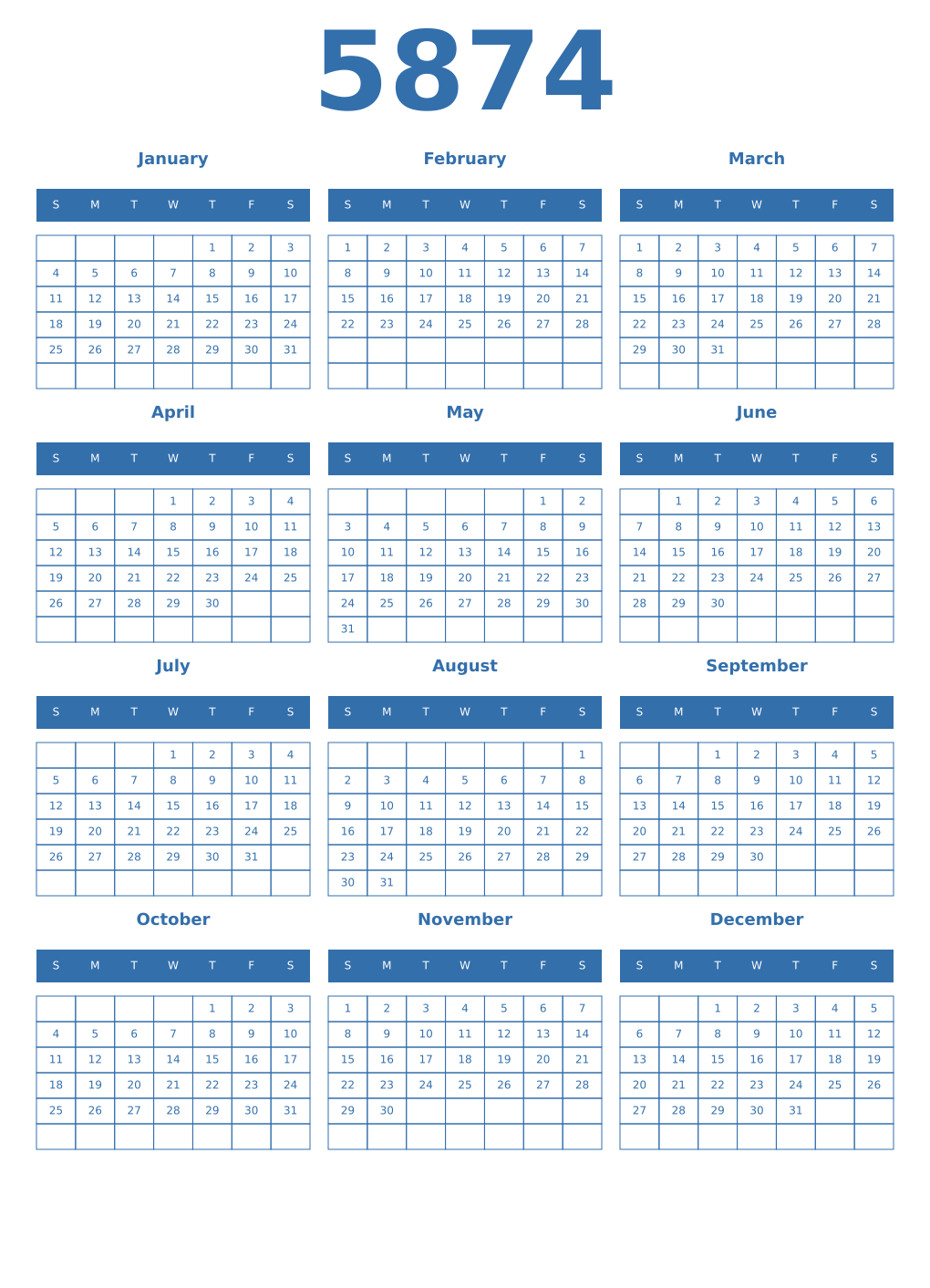 Printable 5874 Year Calendars blue