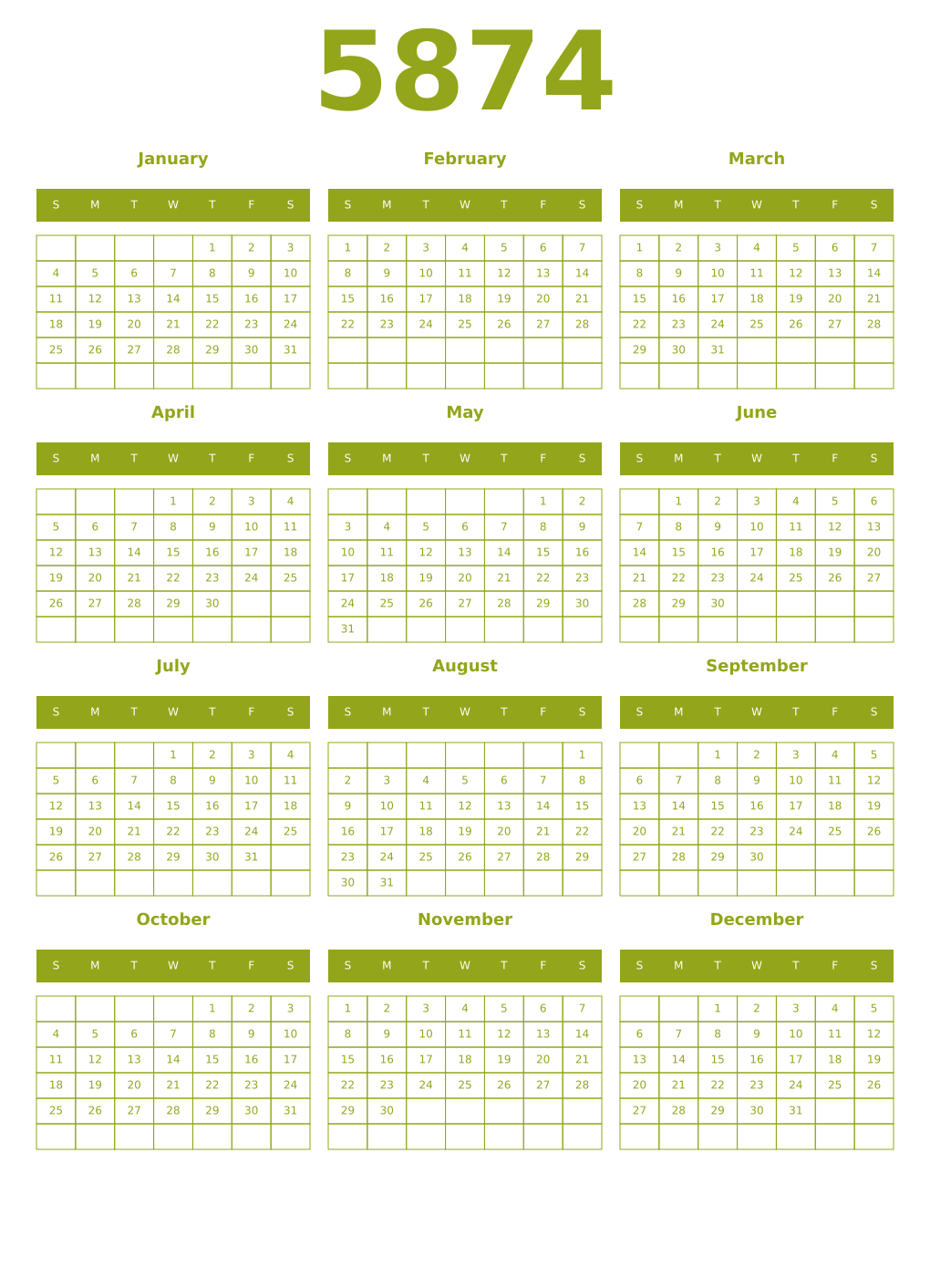 Printable 5874 Year Calendars chartreuse