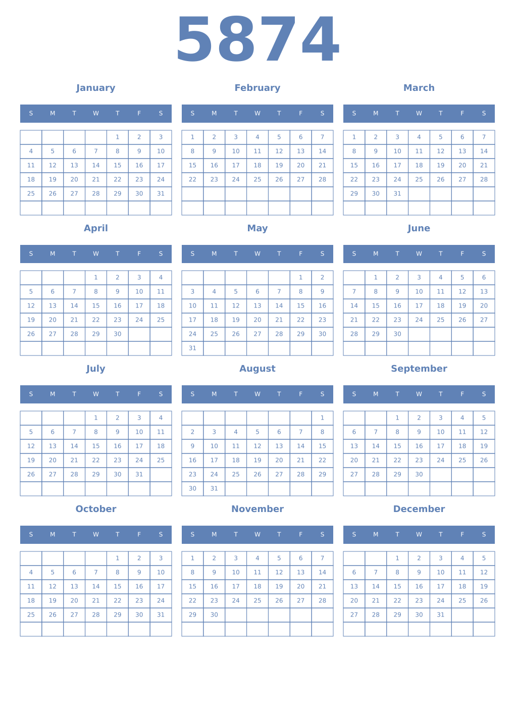 Printable 5874 Year Calendars glaucous