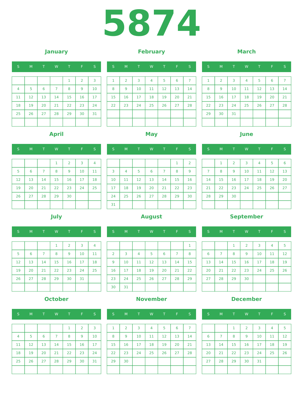 Printable 5874 Year Calendars green