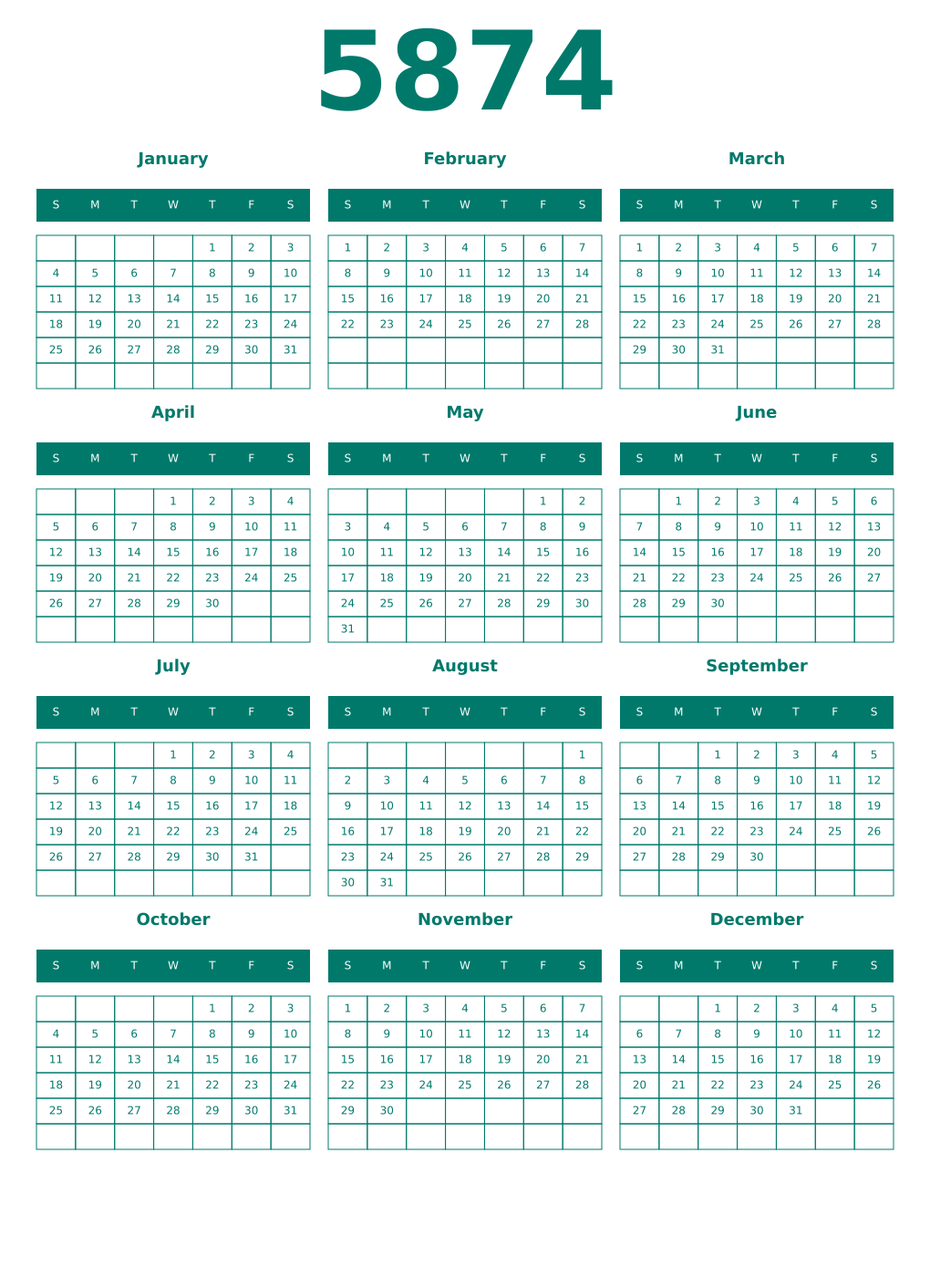 Printable 5874 Year Calendars pastel