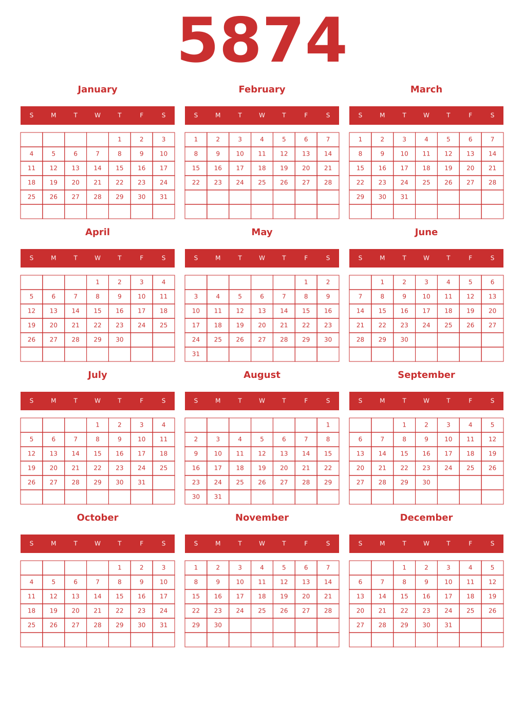 Printable 5874 Year Calendars red