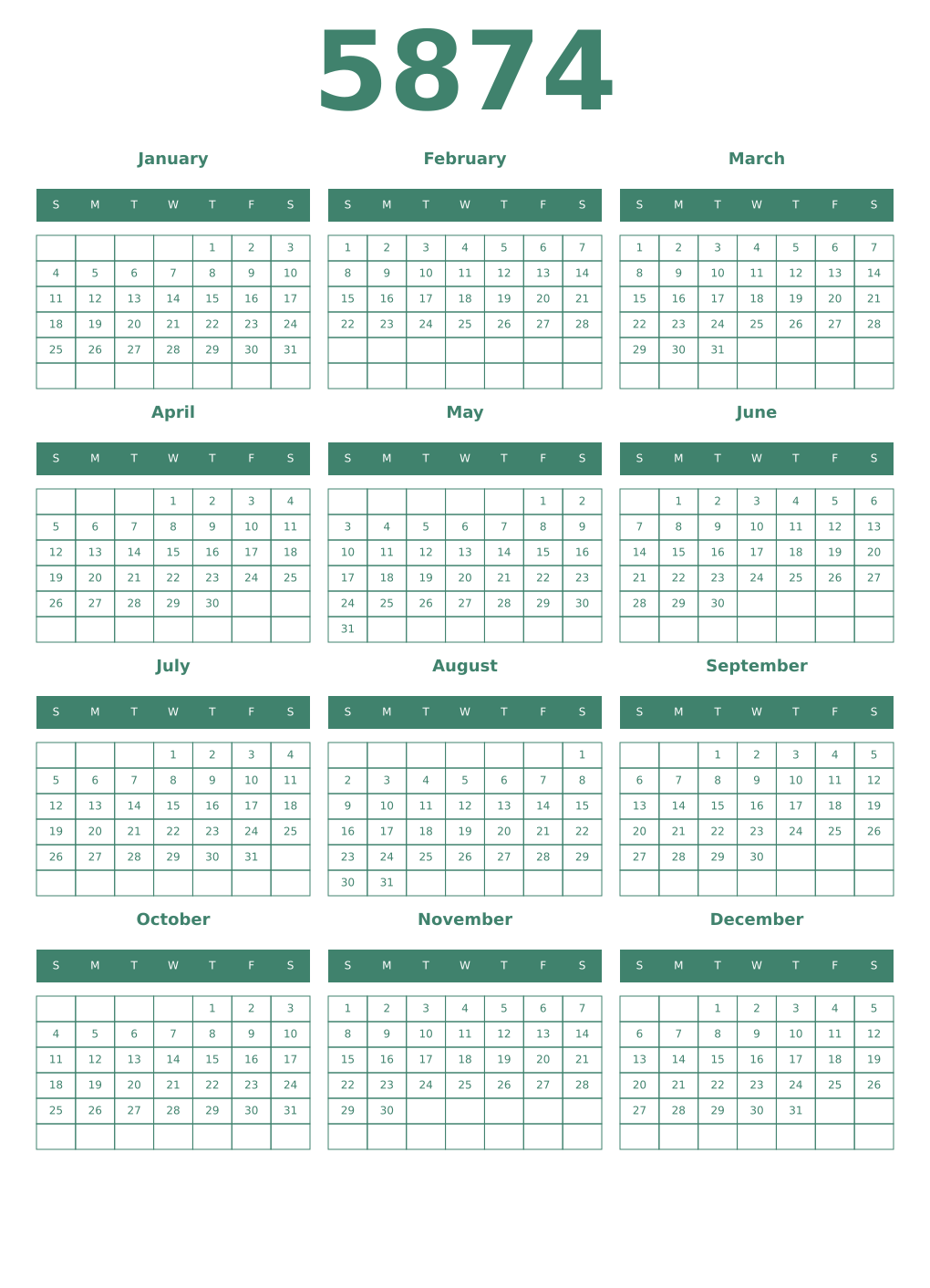 Printable 5874 Year Calendars viridian