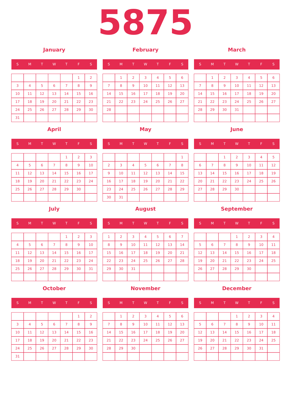 Printable 5875 Year Calendars amaranth