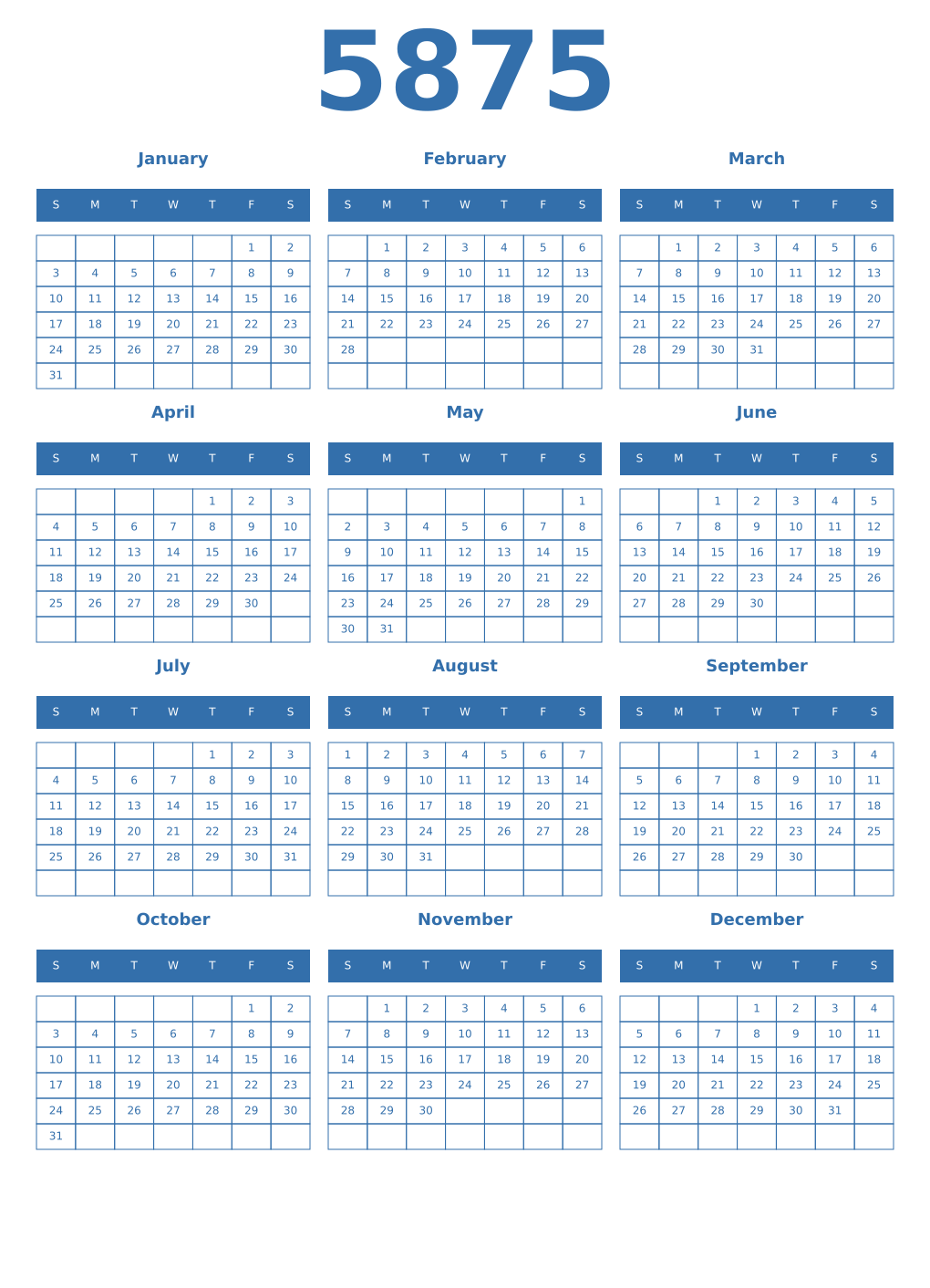 Printable 5875 Year Calendars blue