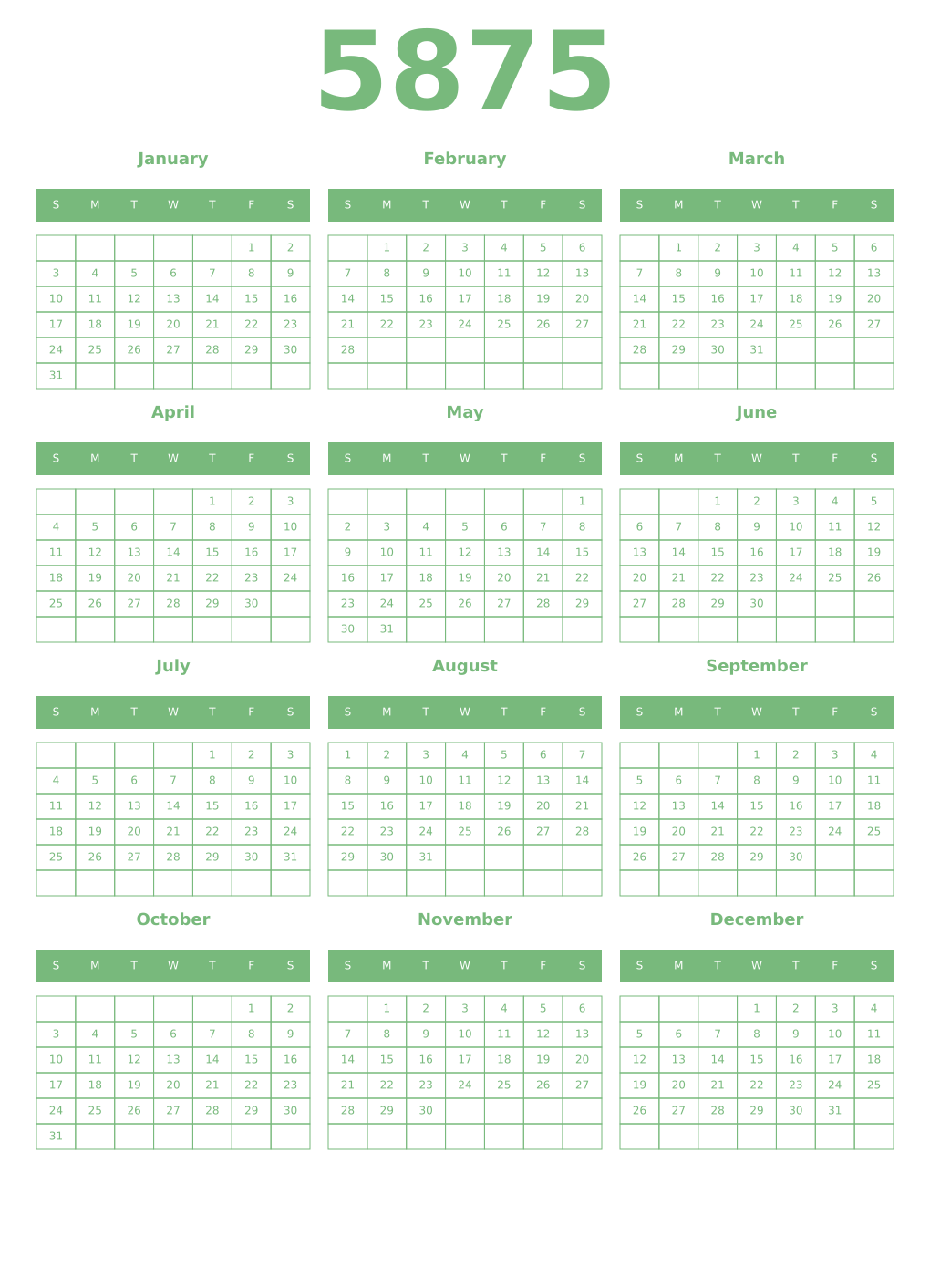 Printable 5875 Year Calendars celadon