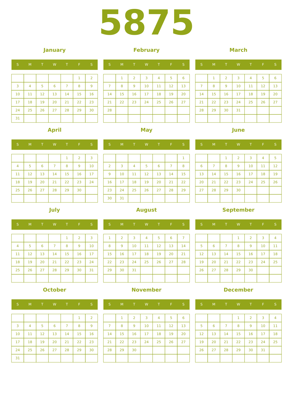 Printable 5875 Year Calendars chartreuse