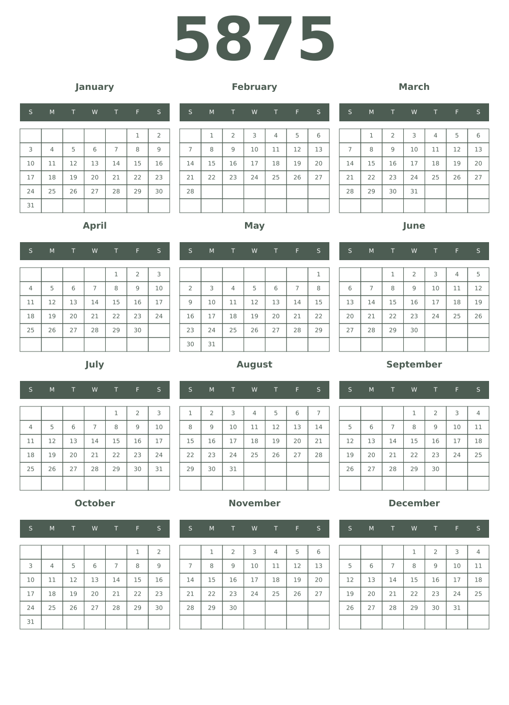 Printable 5875 Year Calendars feldgrau