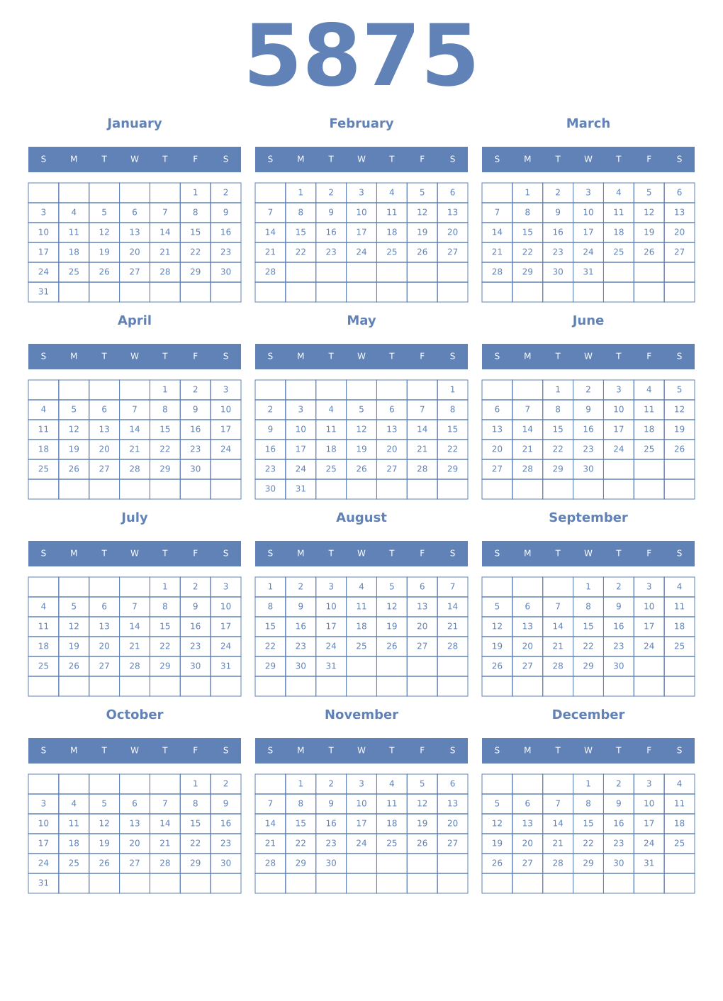 Printable 5875 Year Calendars glaucous
