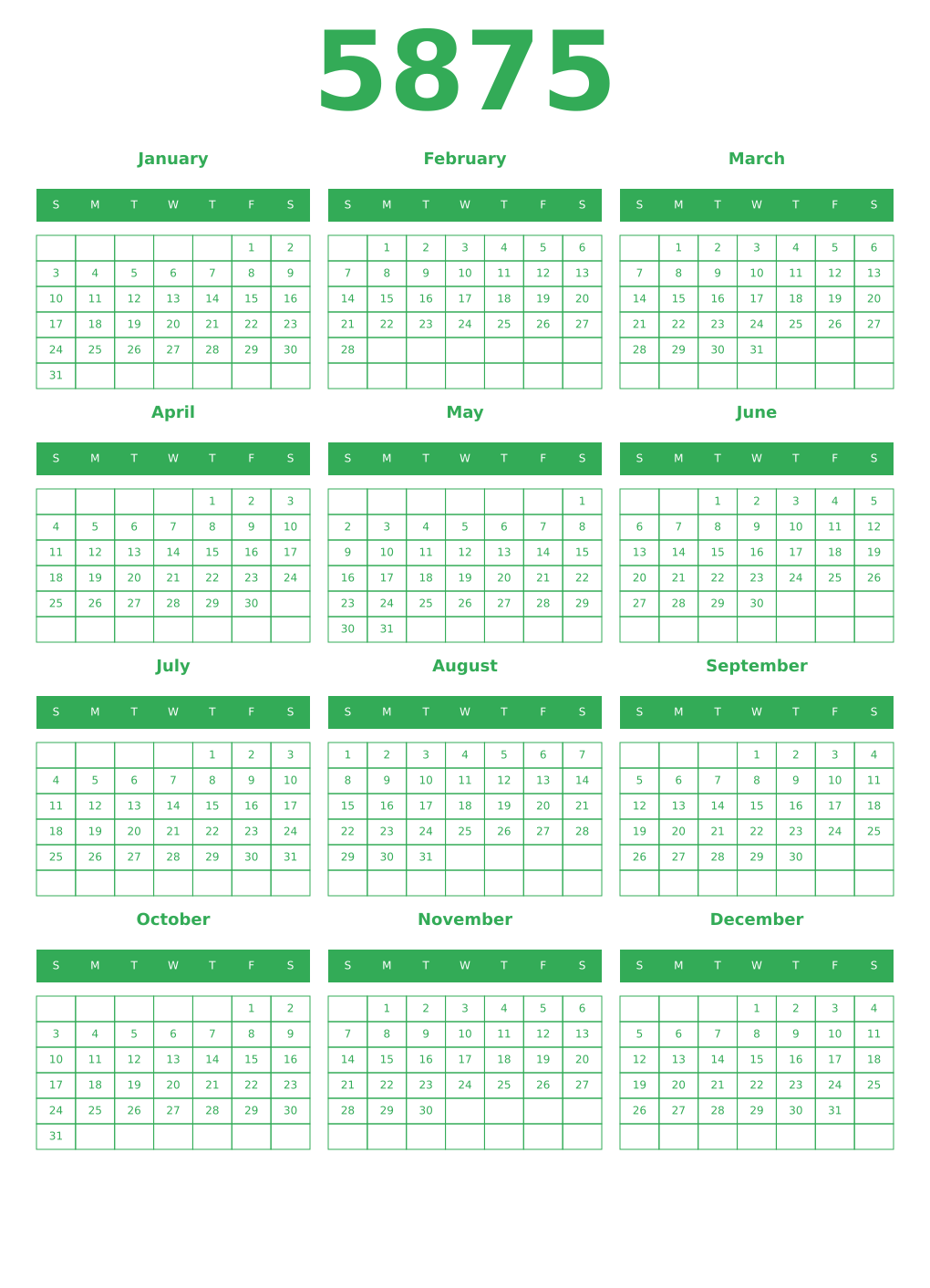 Printable 5875 Year Calendars green