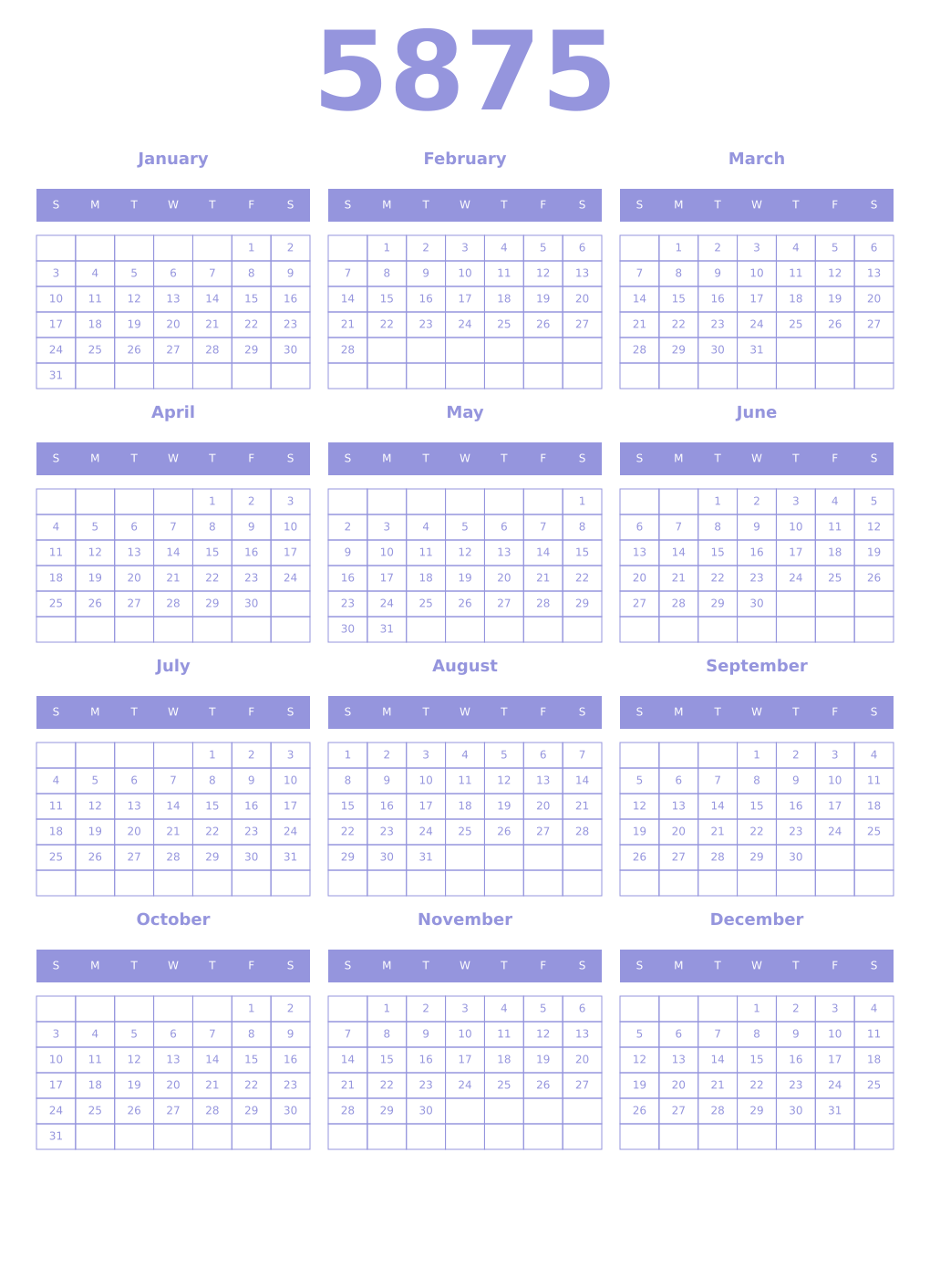 Printable 5875 Year Calendars periwinkle