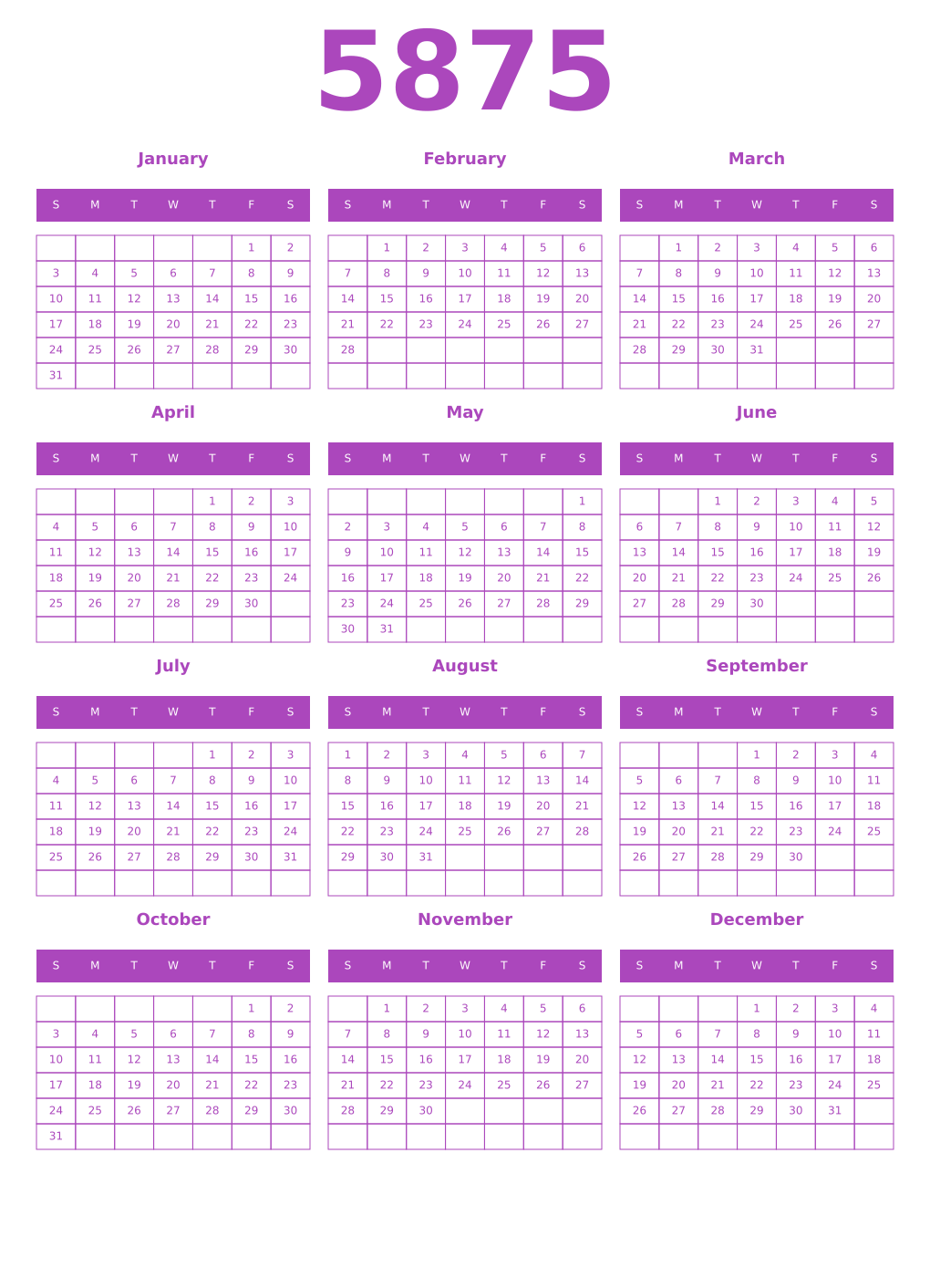 Printable 5875 Year Calendars purple