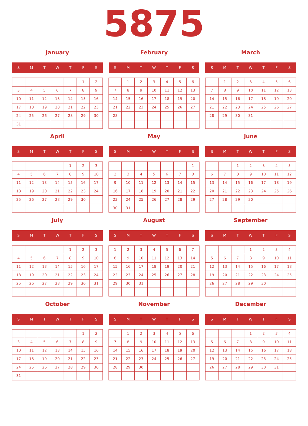 Printable 5875 Year Calendars red