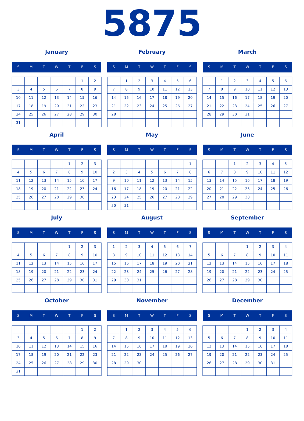 Printable 5875 Year Calendars smalt