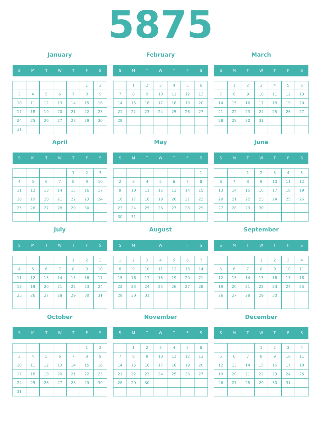 Printable 5875 Year Calendars verdigris