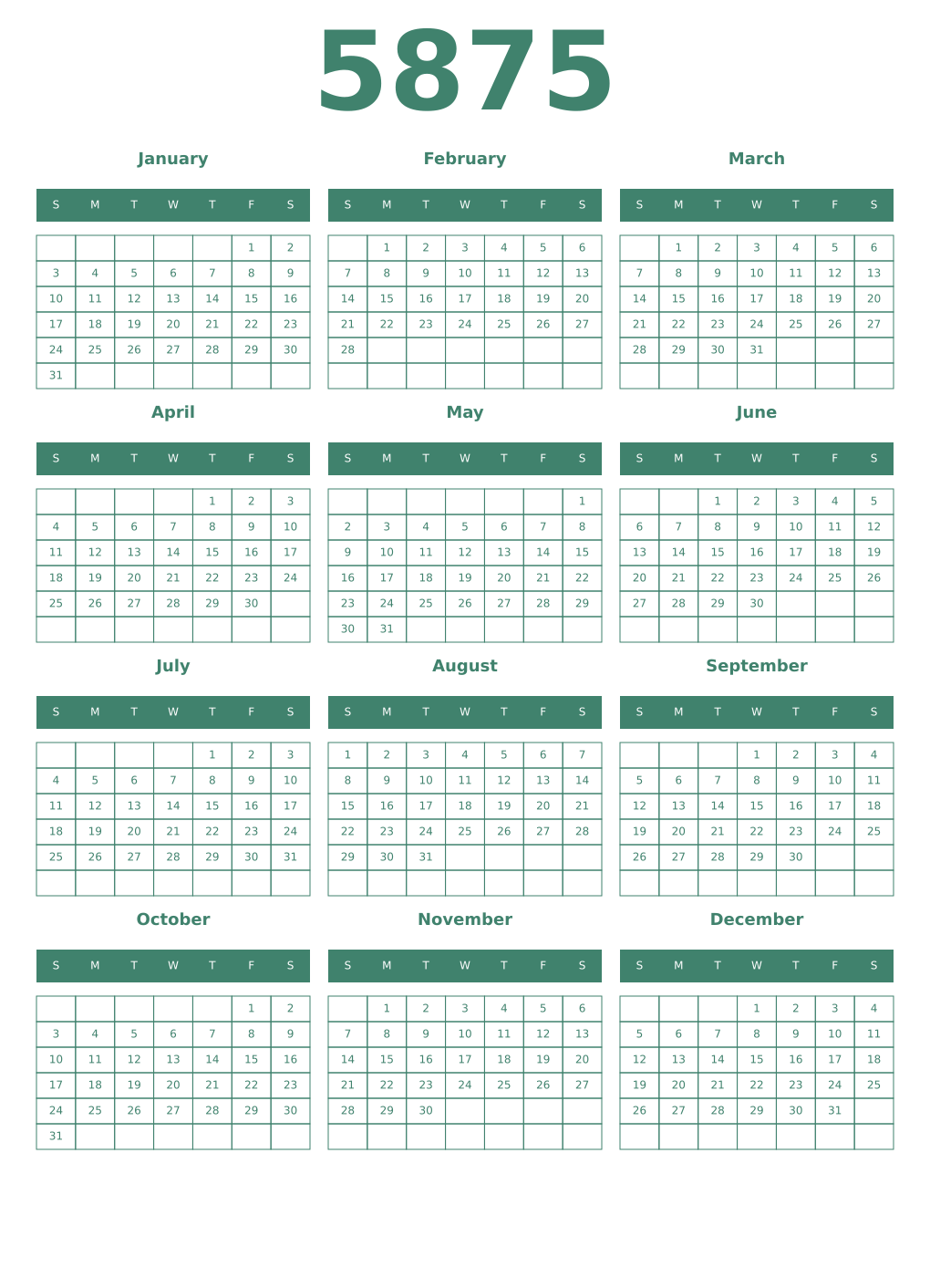 Printable 5875 Year Calendars viridian