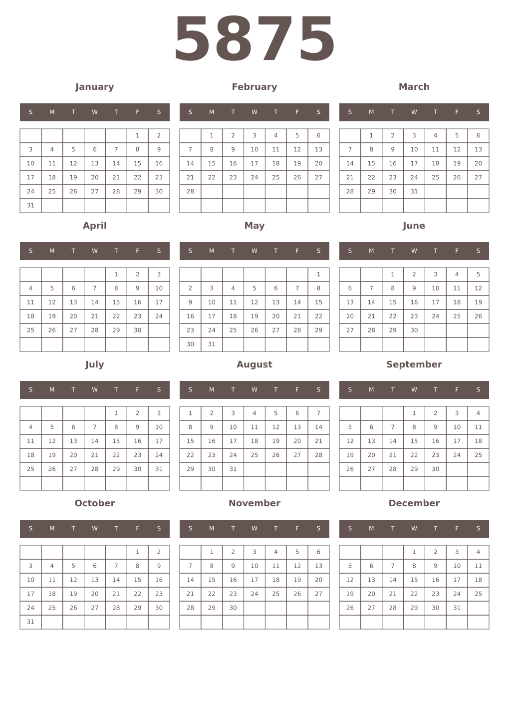 Printable 5875 Year Calendars wenge