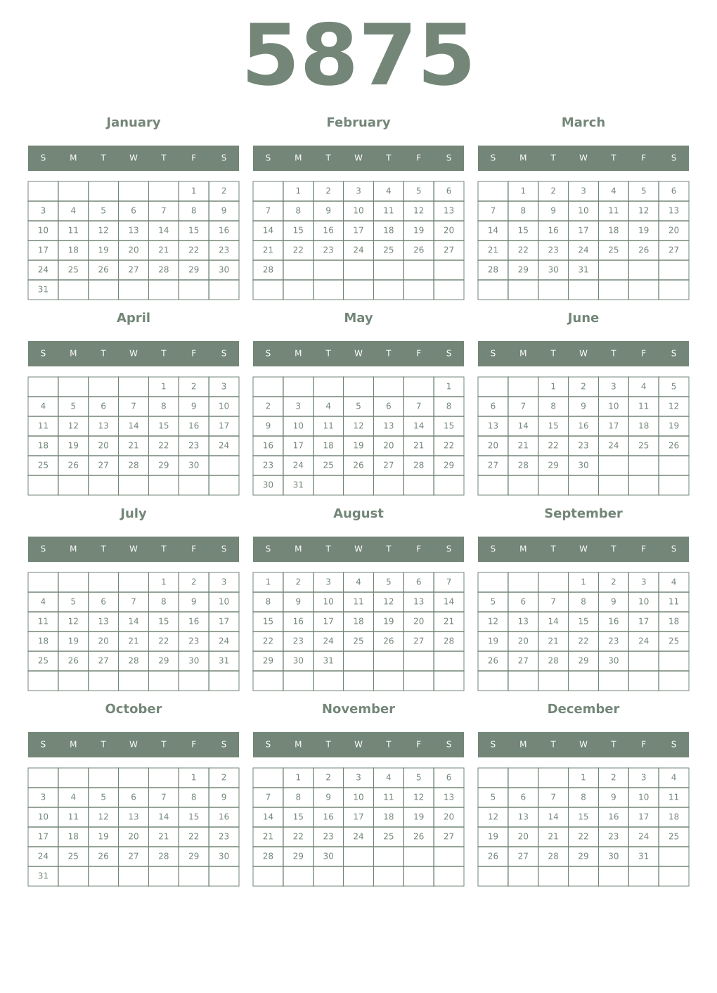 Printable 5875 Year Calendars xanadu