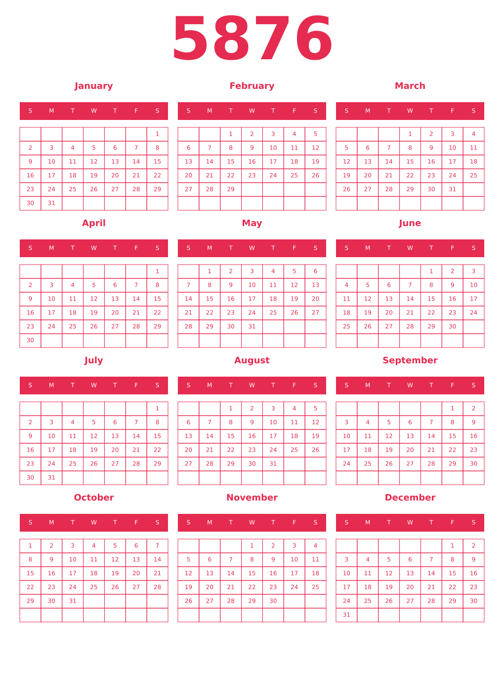 Printable 5876 Year Calendars amaranth