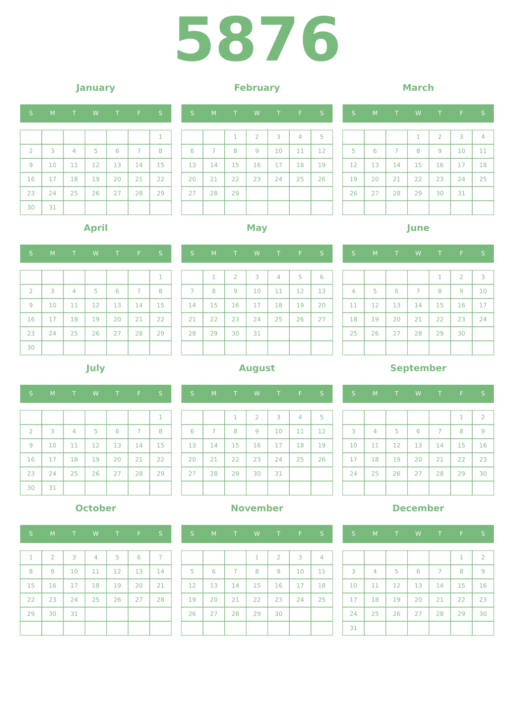 Printable 5876 Year Calendars celadon