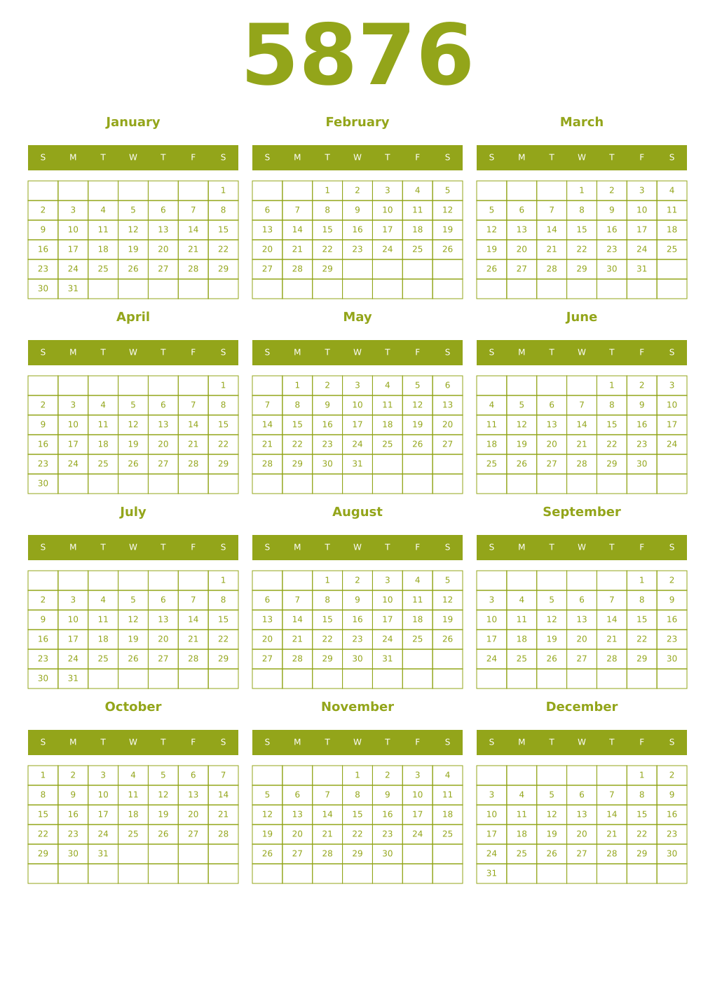 Printable 5876 Year Calendars chartreuse