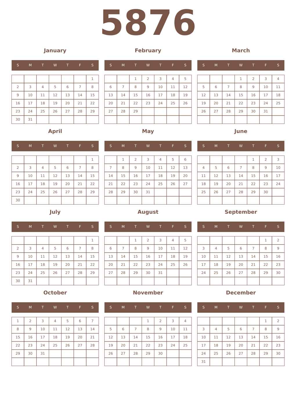 Printable 5876 Year Calendars coffe