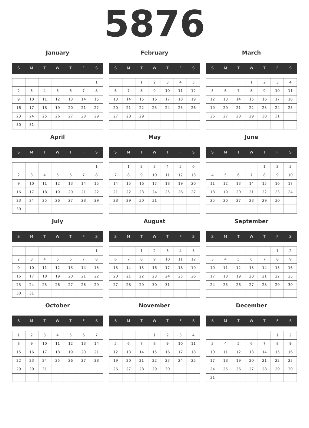 Printable 5876 Year Calendars dark