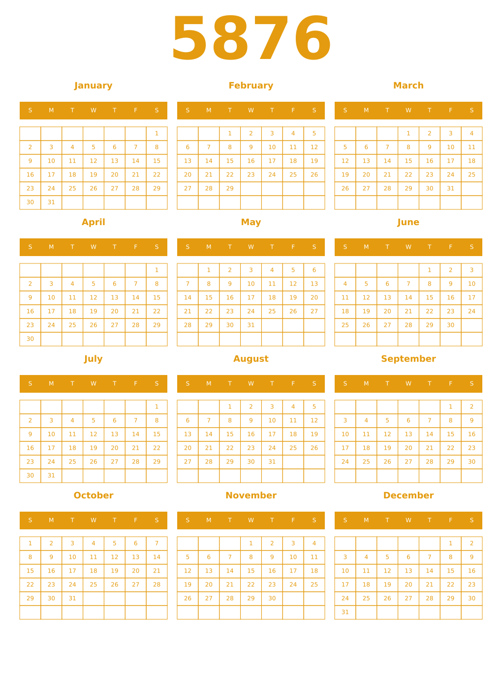 Printable 5876 Year Calendars gamboge