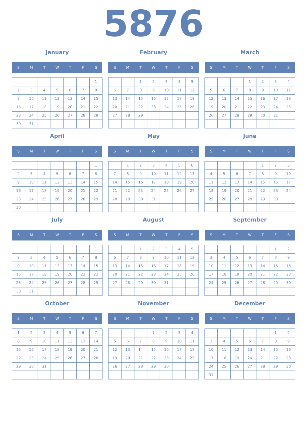 Printable 5876 Year Calendars glaucous