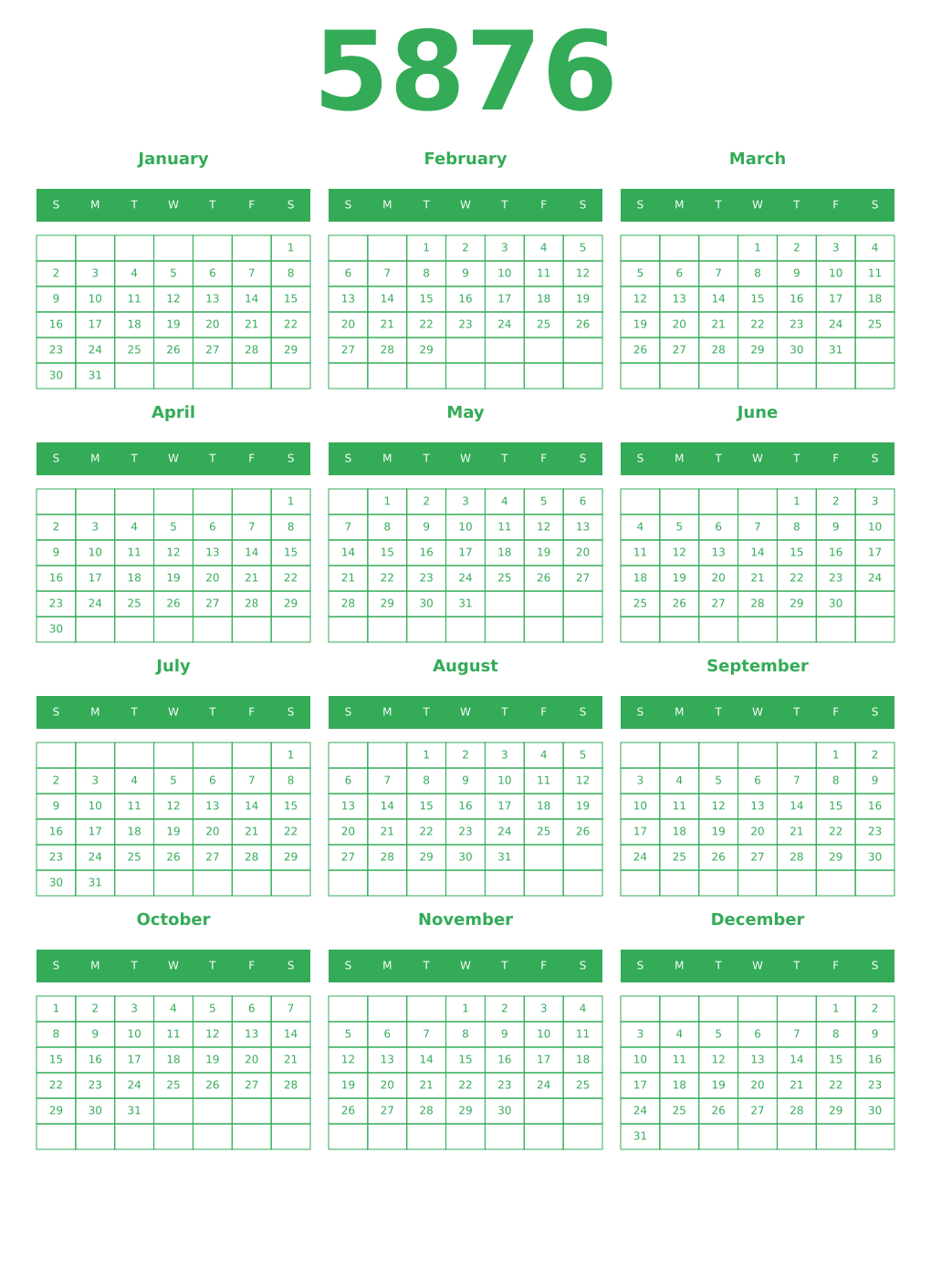 Printable 5876 Year Calendars green