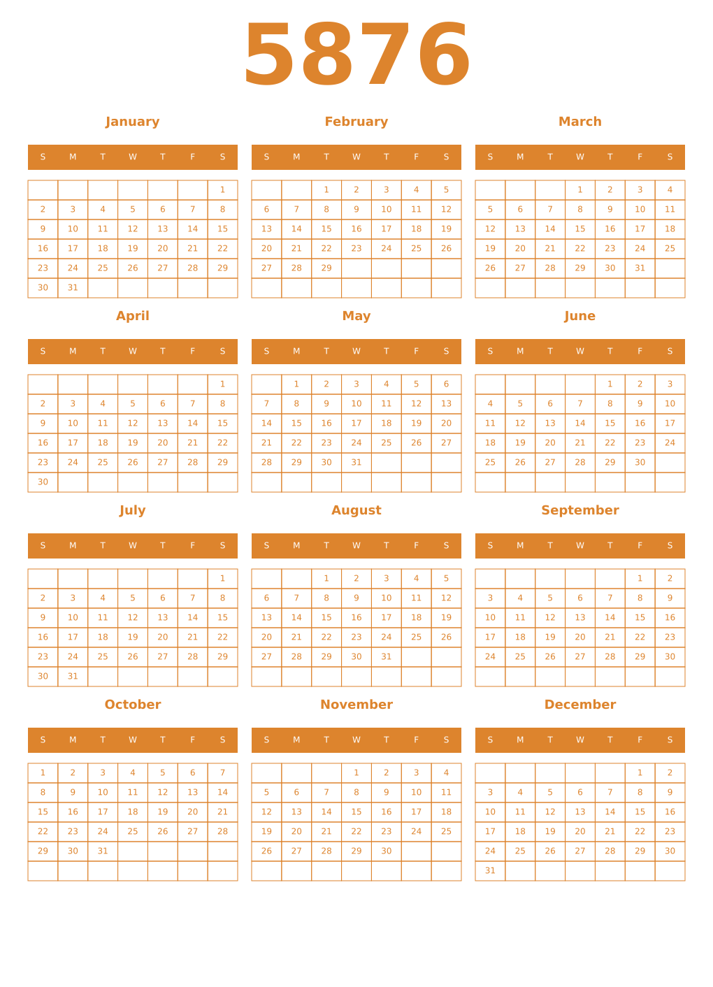 Printable 5876 Year Calendars orange