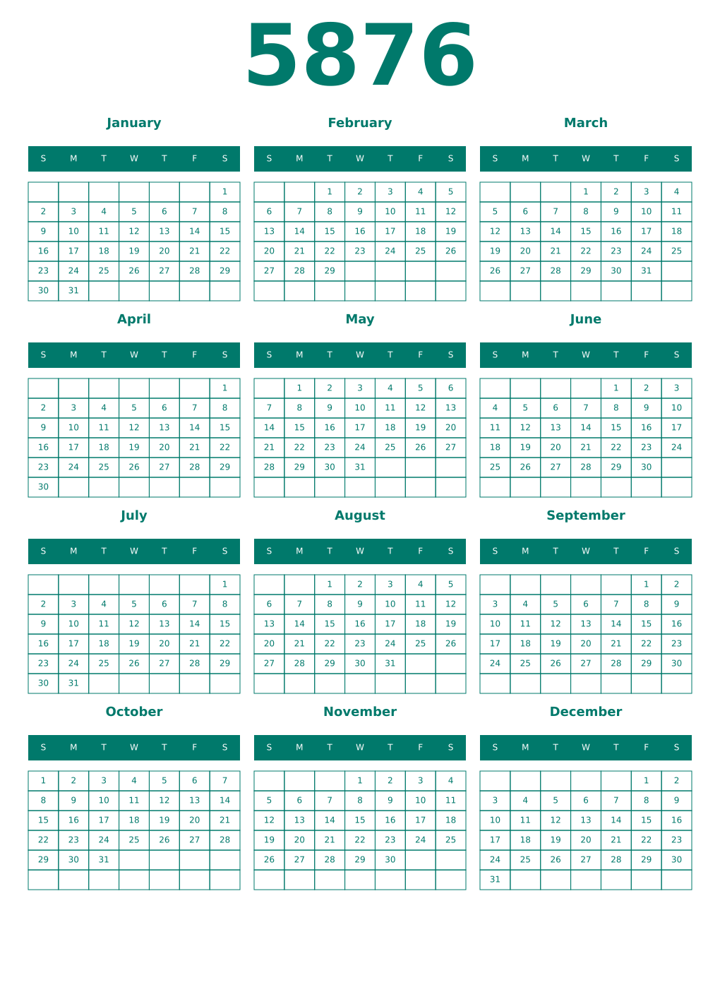 Printable 5876 Year Calendars pastel