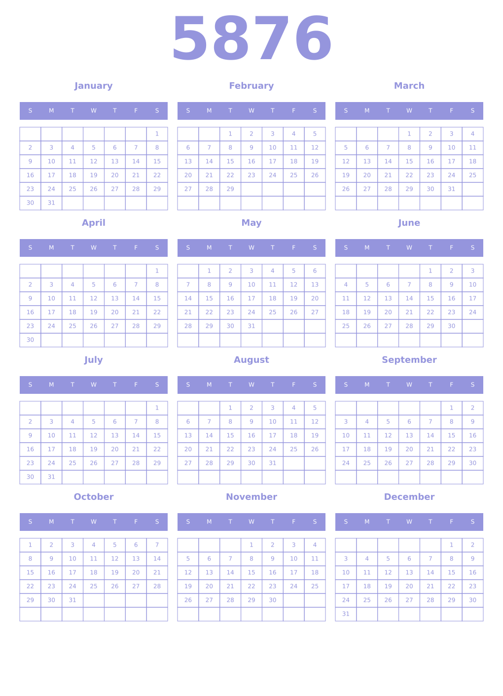 Printable 5876 Year Calendars periwinkle