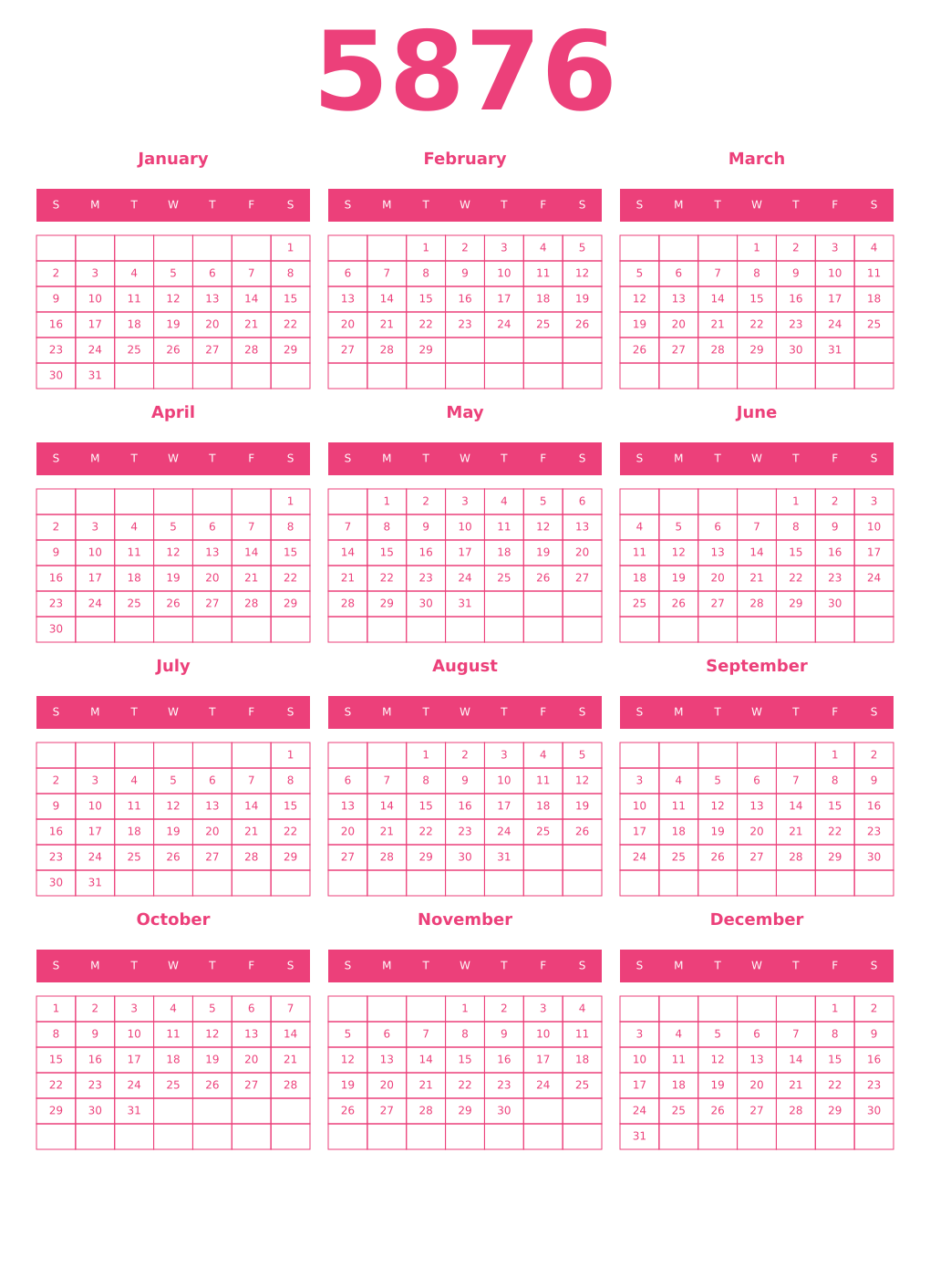 Printable 5876 Year Calendars pink