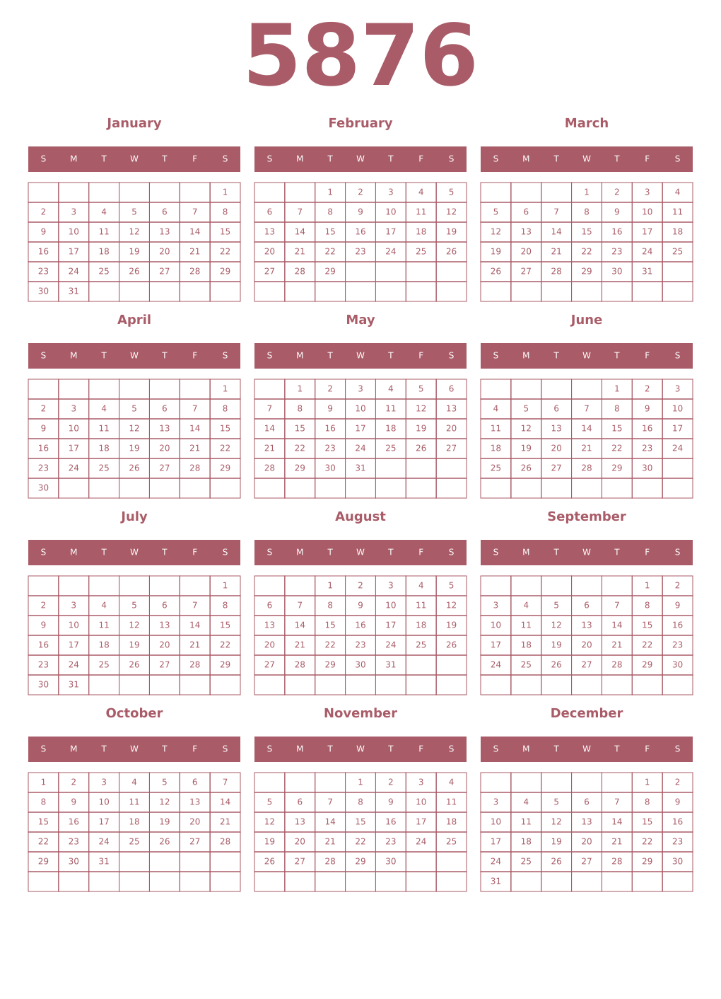 Printable 5876 Year Calendars puce