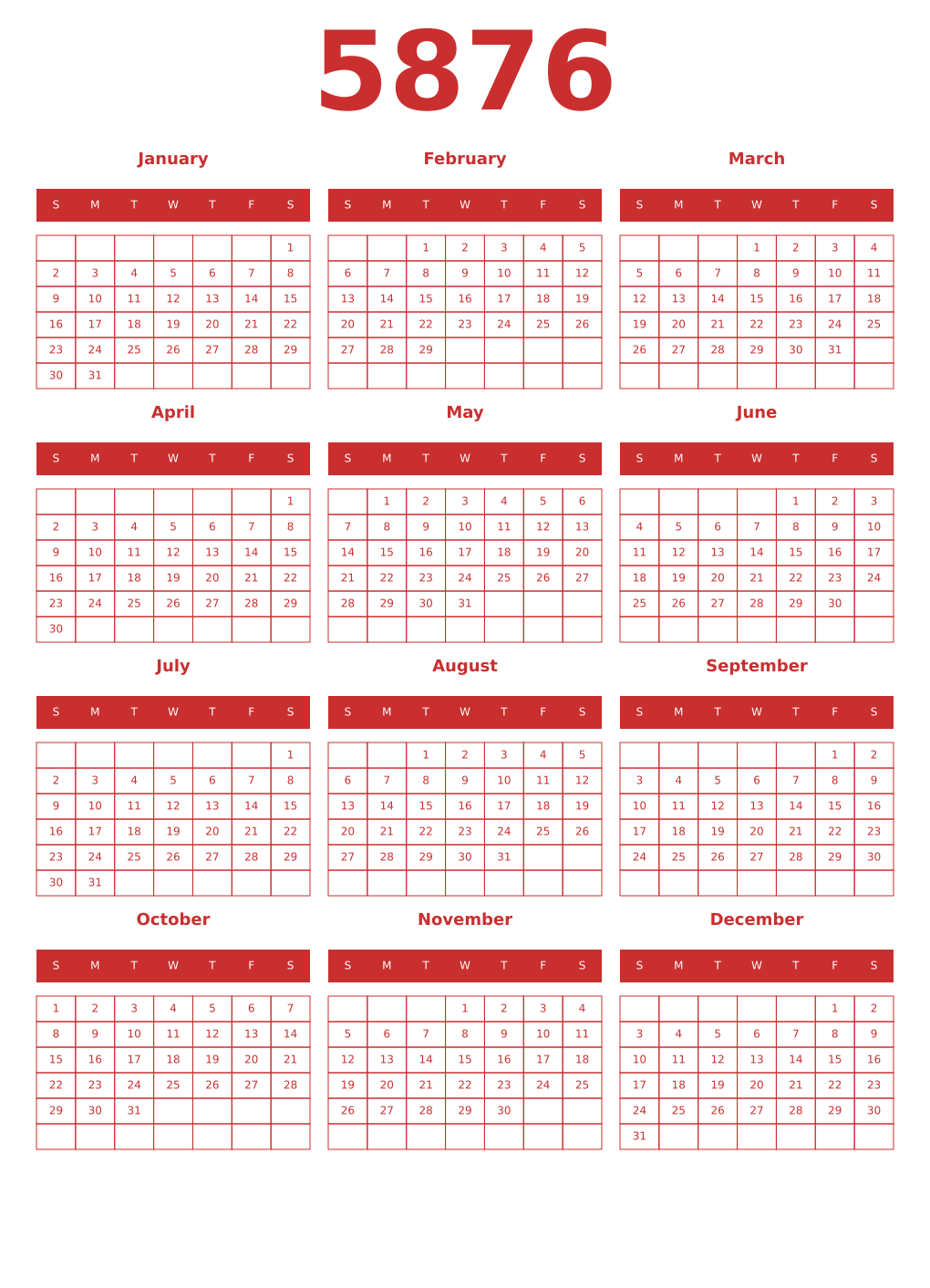 Printable 5876 Year Calendars red