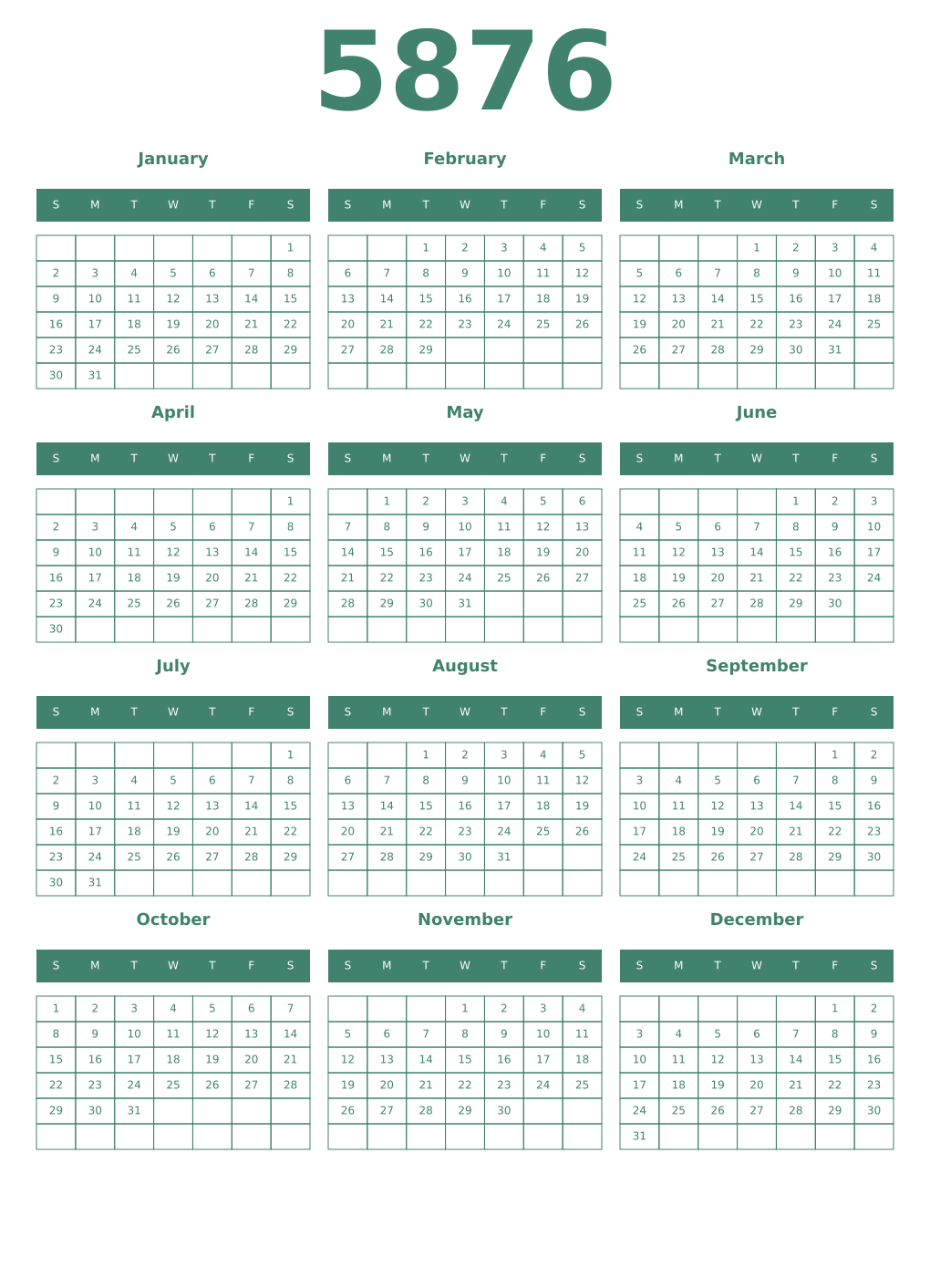 Printable 5876 Year Calendars viridian