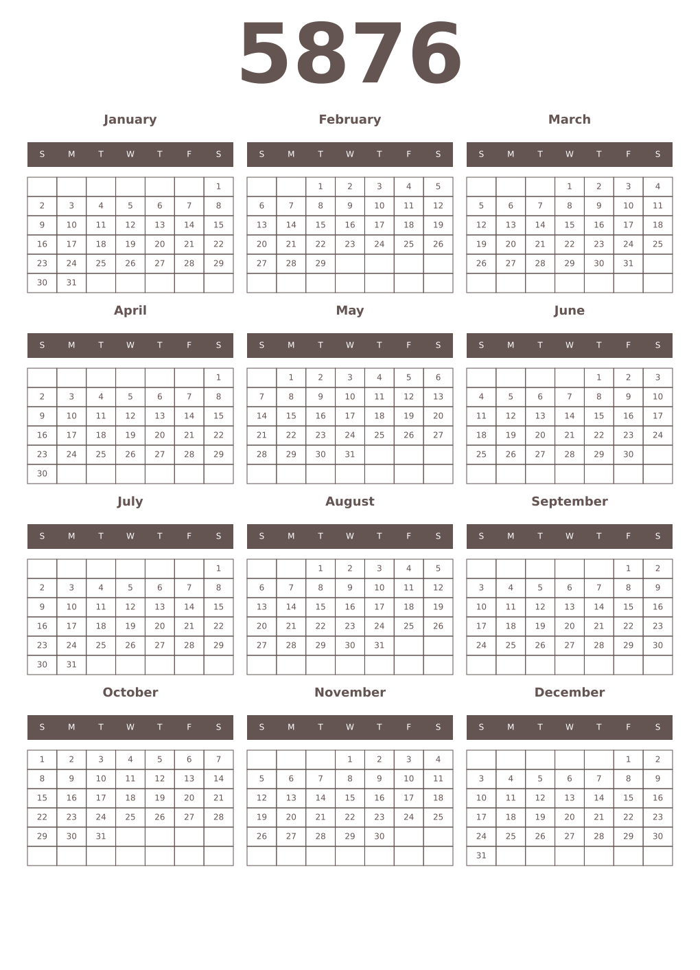 Printable 5876 Year Calendars wenge